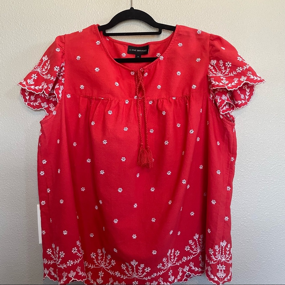 Lane Bryant red embroidered top 88% Cotton 12% linen size 12